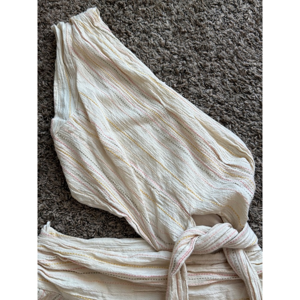 Free People One Shoulder Cutout Romper Cream Striped Boho Tie Waist Size 4 - Picture 3 of 9